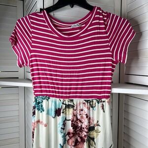 EGS California By Eloges Pink Stripe Floral Maxi Dress Pockets Women's Med USA